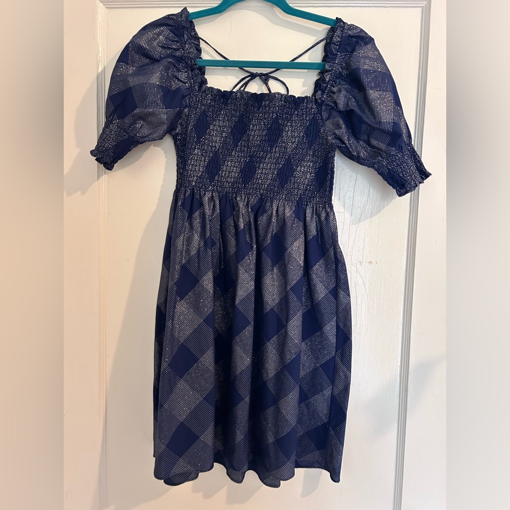 Hill House women’s XS Athena nap dress, navy blue with silver check pattern